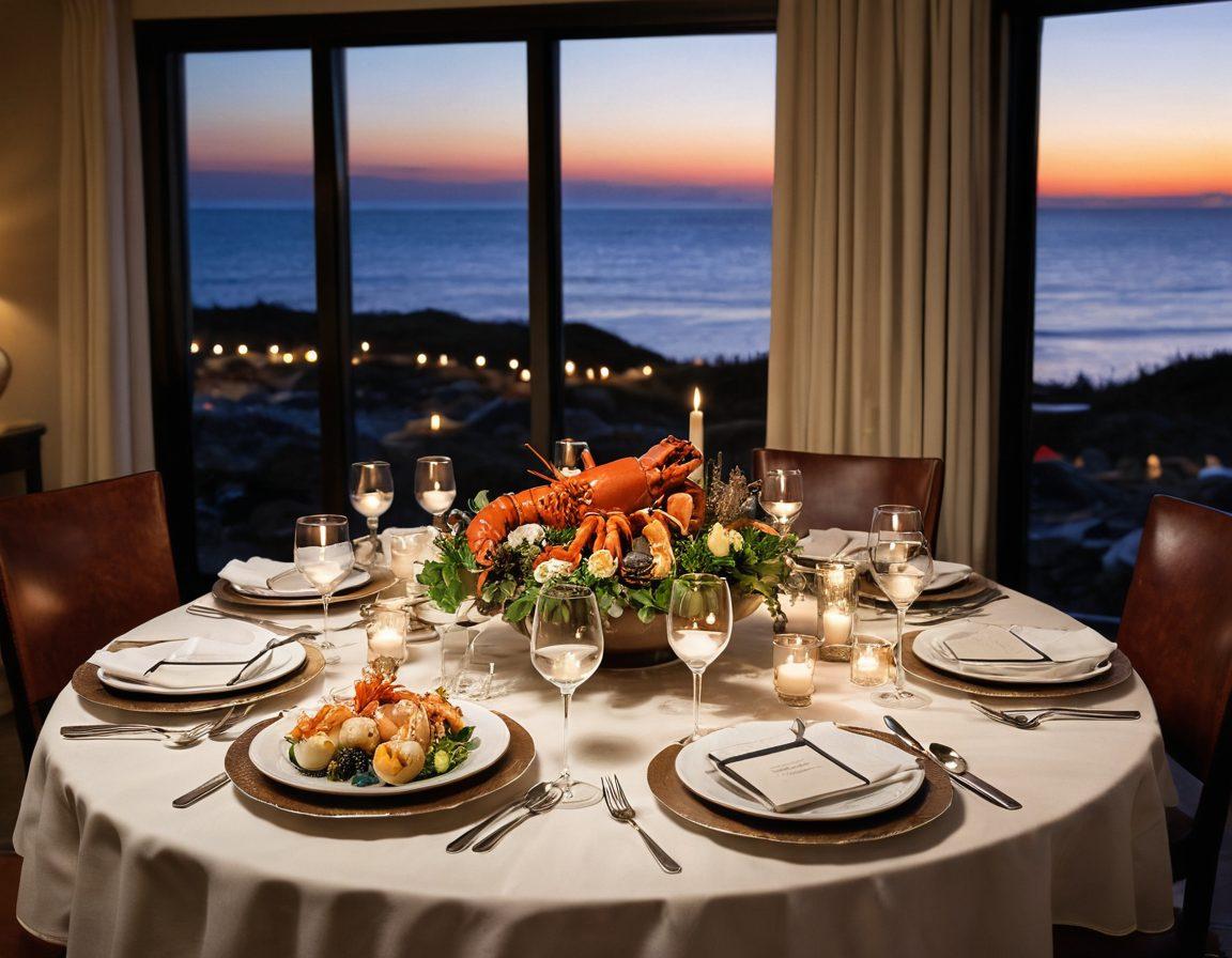 An elegantly set dining table featuring a variety of Atlantic seafood delicacies, such as lobster, scallops, and shrimp, artfully arranged alongside a selection of fine wines. Soft candlelight casts a warm glow, enhancing the lush textures of the dishes. The background should showcase a coastal view with gentle waves to evoke a tranquil dining atmosphere. Include tasteful garnishes and glassware to elevate the sense of luxury. super-realistic. vibrant colors. warm tones.