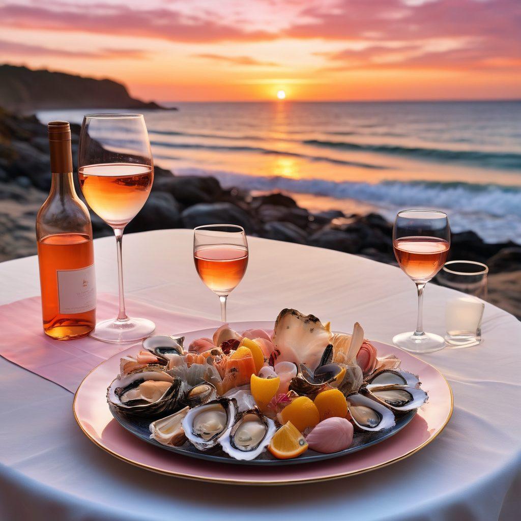 A beautifully arranged table by the seaside, featuring an elegant bottle of fine wine alongside gourmet seafood dishes. Waves gently lap at the shore, with a stunning sunset painting the sky in hues of orange and pink. Include delicate glassware and a plate with oysters, artfully garnished. A romantic atmosphere with soft golden lighting enhances the experience. super-realistic. vibrant colors. 3D.