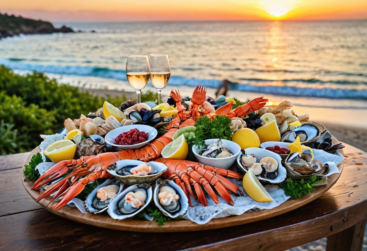 A beautifully arranged seafood platter featuring a variety of fresh catch like shrimp, lobster, and oysters, garnished with herbs and vibrant fruits. The background showcases a serene ocean view at sunset, with waves gently lapping at the shore. Include a side of complementary culinary elements like wine, lemons, and artisanal bread elegantly placed. The colors should be rich and inviting, emphasizing the freshness of the seafood. super-realistic. vibrant colors. ocean background.
